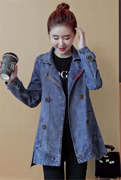 

denim womens trench coats autumn long sleeve lapel neck ladies outerwear casual single breasted loose womens coats, Tan;black