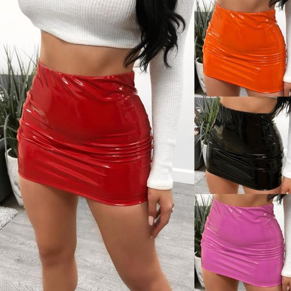 

women skirt bright shiny leather bodycon slim micro mini evening party clubwear stretch tight pencil skirts 2020, Black