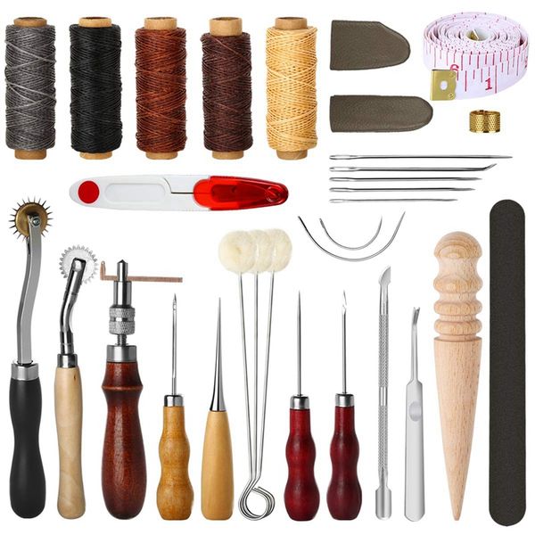 

abkm 31 pcs leather sewing tools diy leather craft tools hand stitching tool set with groover awl waxed thread thimble kit, Black