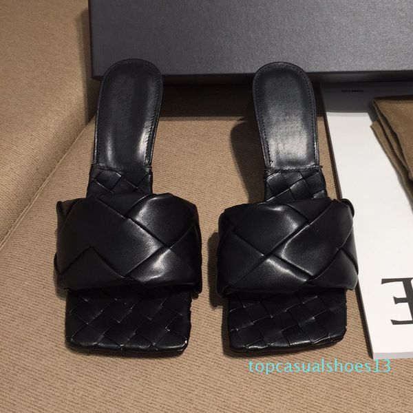 

new fashion luxury designer womens high-heeled with australia woven lambskin square head lady office club slippers in summer t13, Black