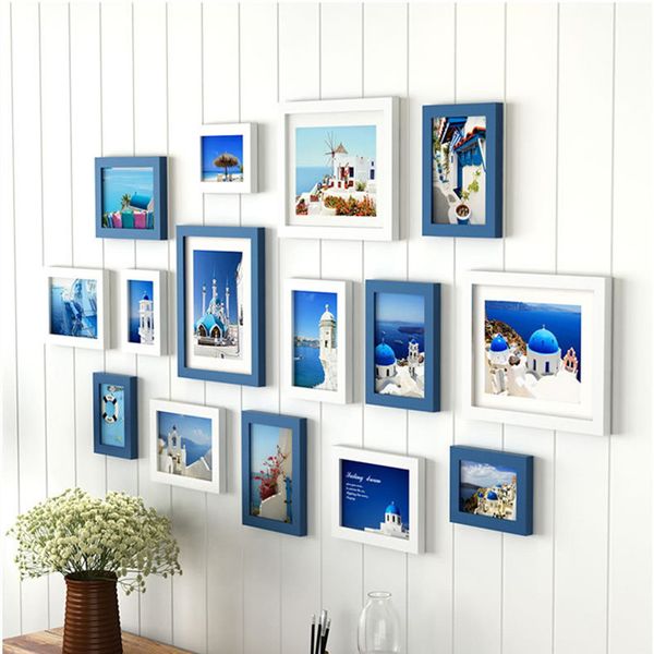 

mediterranean p frame 15pcs/set quality solid wood frames combination on the wall decorative picture frame moldura para foto
