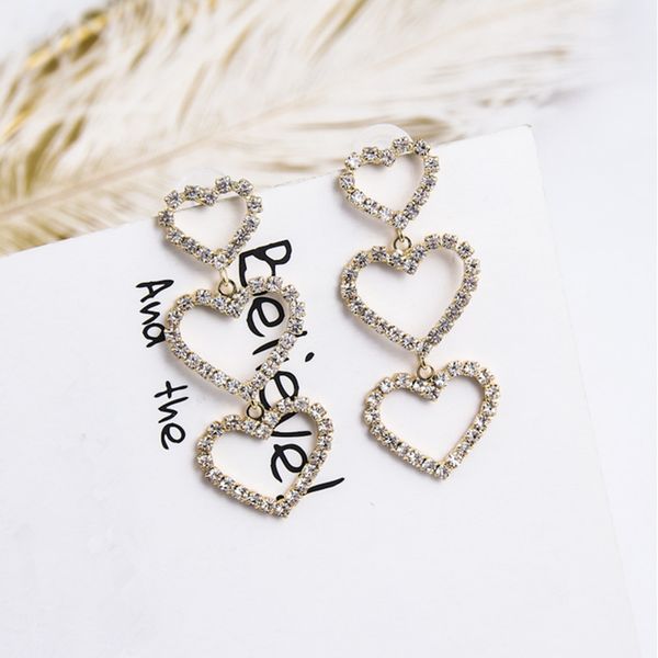 

new korean hollow shiny rhinestone love heart drop dangle earrings for women girls temperament party pendientes jewelry 6m2032, Silver