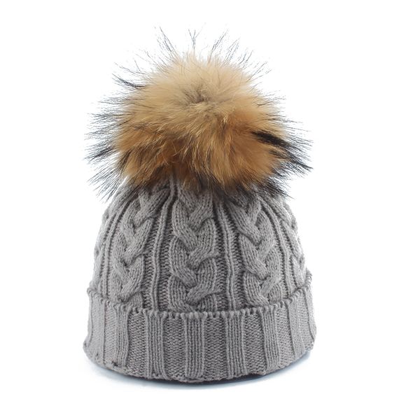 

winter women hat mink raccoon fur pompom beanie twist knitted hat parent child skullies beanies ladies outdoor ski cap, Blue;gray