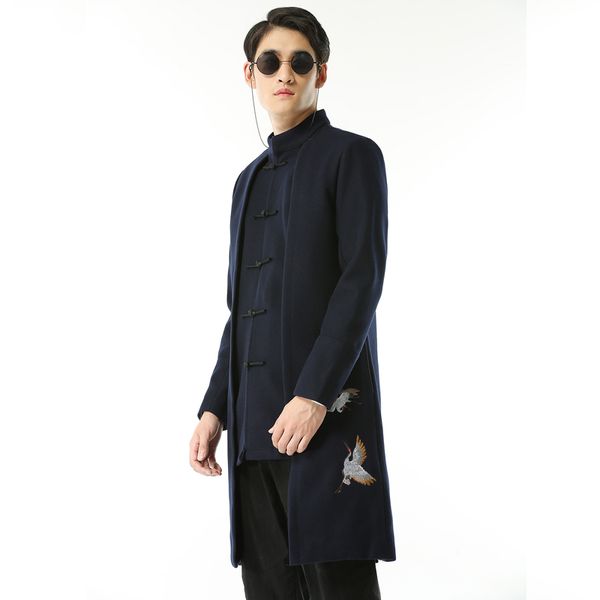 

2019 chinese retro style mens embroidered coat black navy blue classic youth men business wedding banquet dress jacket