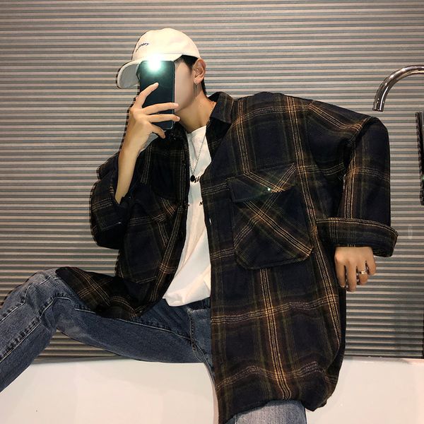

men's cotton clothing 2019 autumn and winter new wild plaid jacket loose long-sleeved lapel jacket youth trend men's clothing, Black
