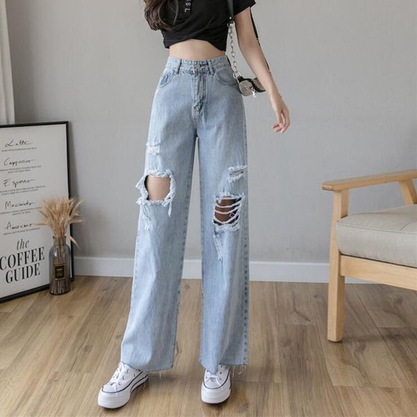 

woman jeans clothes high waisted ripped new summer streetwear baggy wide leg vintage fashion blue harajuku straight pants
