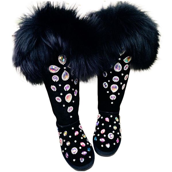

2019 real fur thigh high boots bling crystals over knee boots women winter snow warm fur boot, Black