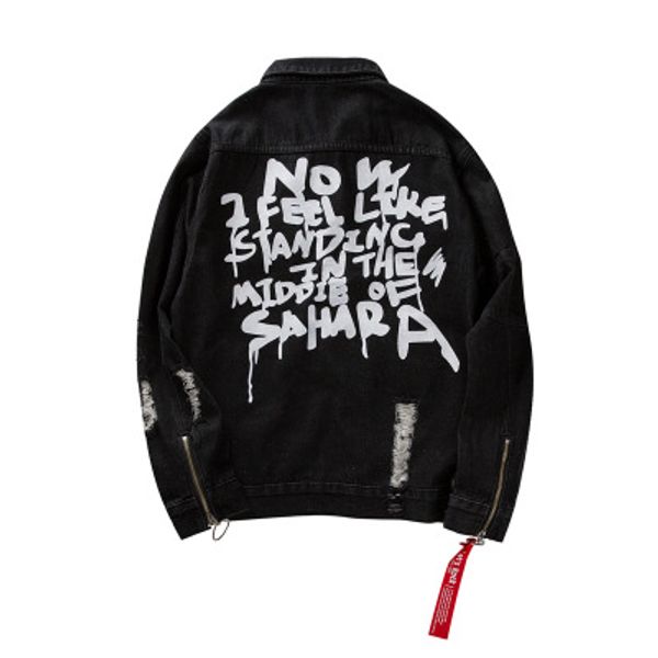 

mens oversize denim jackets vinage distressed destroyed zipper sleeve denim jackets hip hop male coats letter print blue black coats, Black;brown