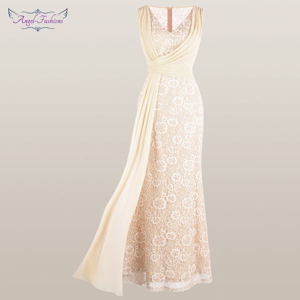 

angel-fashions women's v neck lace evening dress pleated ribbon mermaid party gown apricot 428, White;black