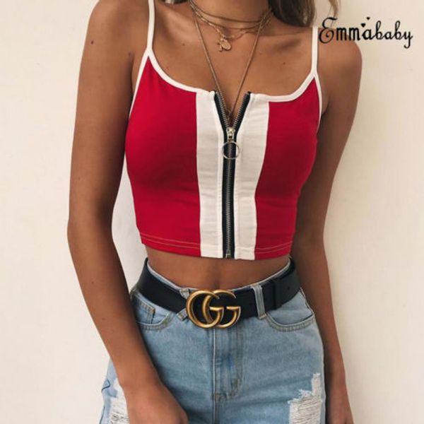 

patchwork 2020 summer sleeveless tank fitness workout bralette crop tees zipper open punk style tanks, White
