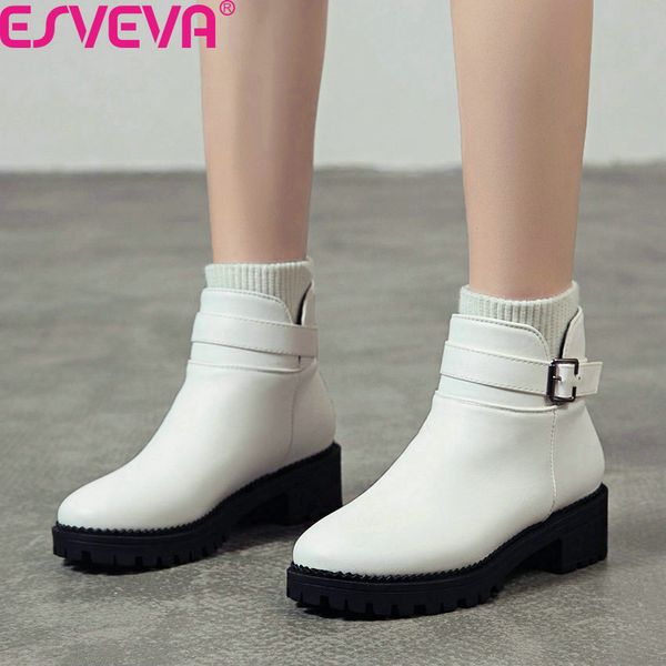 

esveva 2020 pu leather buckle slip on concise ankle boots autumn winter fashion square middle heel women shoes big size 34-43, Black