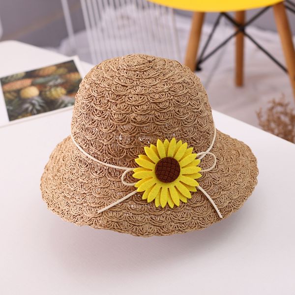

rattan grass knitting children floral sunbonnet kids straw sunhat fisherman hat baby girls sun-shade chapeau summer beach cap, Yellow