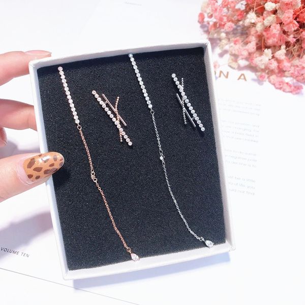 

mengjiqiao 2019 korean new personality x strip asymmetric long chain earrings for women cubic zircon micro paved fashion brincos, Silver