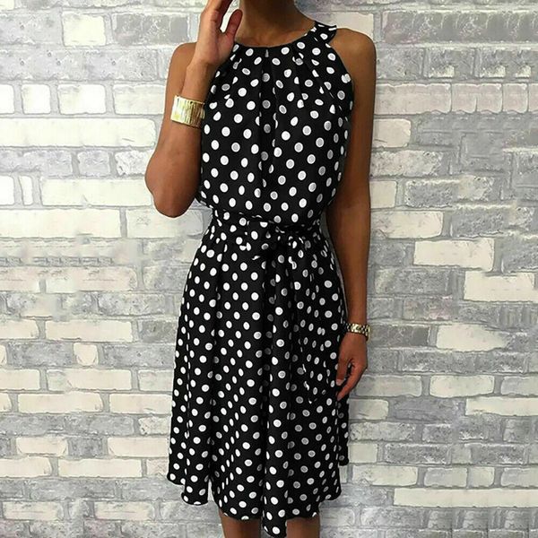 

vintage polka dot dress women boho maxi dresses sleeveless party ball formal chic elegant dress vestidos beach sundress 2019 new, Black;gray