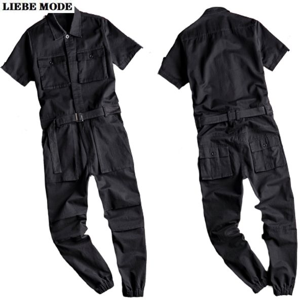 

plus size mens loose jumpsuits rompers hiphop short sleeve onesie overalls men one piece cargo trouser suits khaki grey yellow, Black