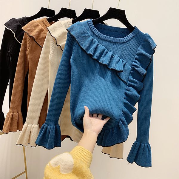 

autumn winter retro hit color ruffle sweater women's sweaters new lazy wind outer wear ins knitting sweater jumper mujer, White;black