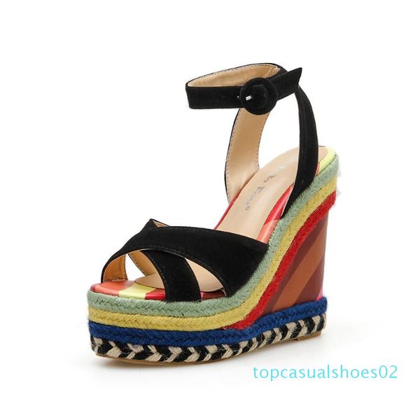 

rainbow strappy sandals wedges shoes for women t02, Black