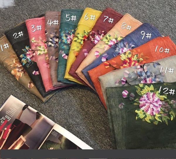 

2019 women fashion cotton silk scarf shawl collar girl wind peony embroidery in china, Blue;gray