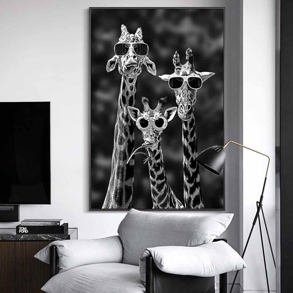 

giraffes with sunglasses funny posters and prints black and white animal canvas oil painting wall art pictures kids room home decor