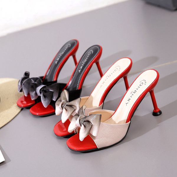 

wholesale new 2019 summer korean bowknot bow women's shoes with skinny heels and open-toe flip-flops saddles slippers, Black