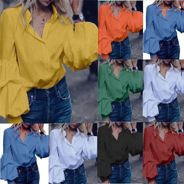 

neck womens lantern sleeve shirts long sleeve ladies casual shirts womens designer blouses solid color lapel, White
