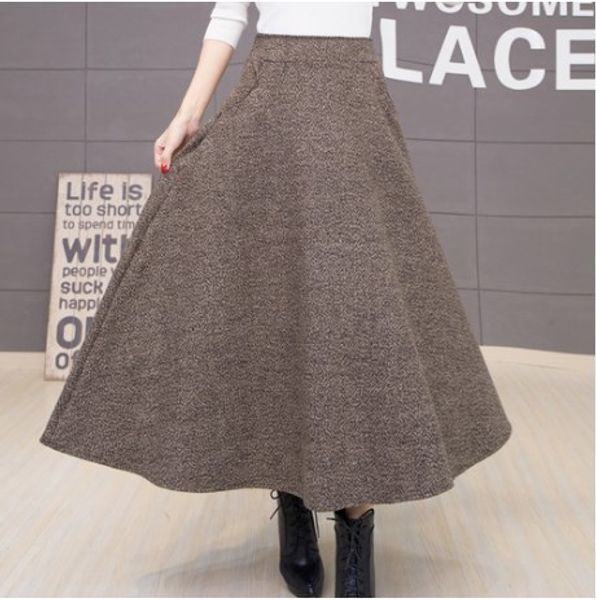 

elegant high waist thick wool vintage korean women skirts 2019 new female robe office wear bandage peated long skirts fad119, Black;gray