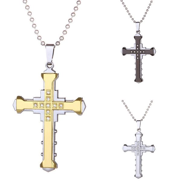 

mens crystal cross pendant necklace for women double layer stainless steel crucifix jesus charm chains fashion religion jewelry, Silver