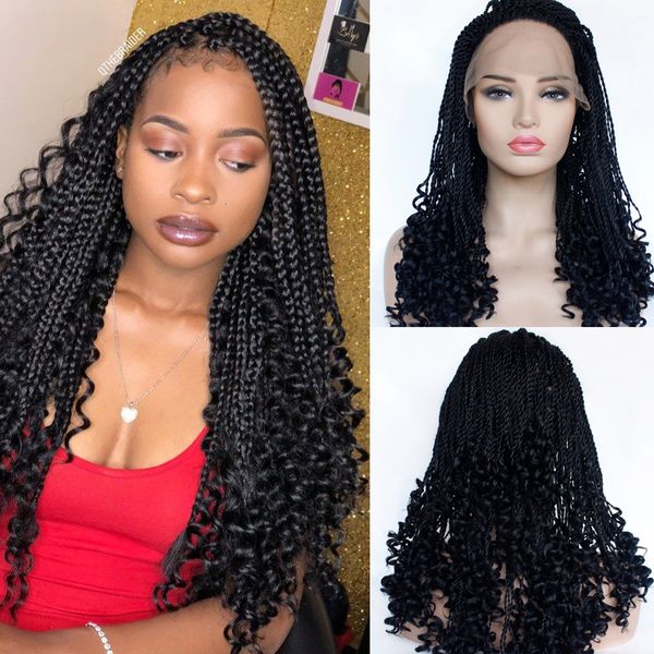 Natual Black Long Box Braids Goddess Braids Synthetic Lace Front Wigs Braided Lace Wigs Heat Resistant Glueless Synthetic Hair Wig For Women Glueless