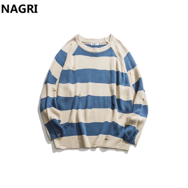 

2019 streetwear sweater men stripe knitting pullover jumper hip hop sweater with hole men casual cold pull home blouse, White;black