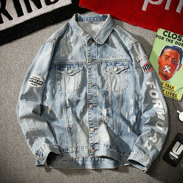 

kimsere mens hi street ripped jean jackets with holes fashion distressed hip hop denim trucker jacket outerwear plus size m-5xl, Black;brown