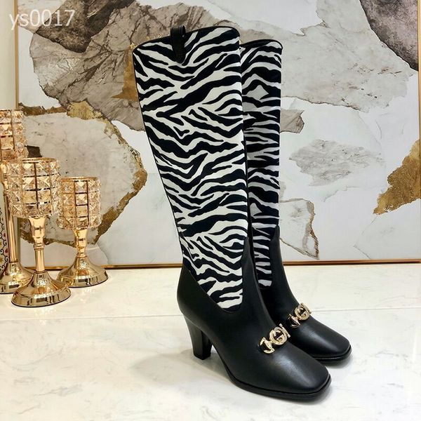 

2020 autumn and winter british wind korean version boots high-heeled women's boots side zipper colorblock stripe luxury with ms. knight, Black