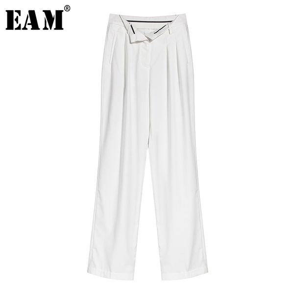 

eam] high waist white fold stitch long wide leg trousers new loose fit pants women fashion tide spring summer 2020 1w907, Black;white