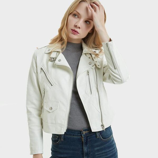 

zxryxgs women's new 2019 autumn women biker leather jacket soft pu punk outwear casual locomotive faux leather white jacket, Black