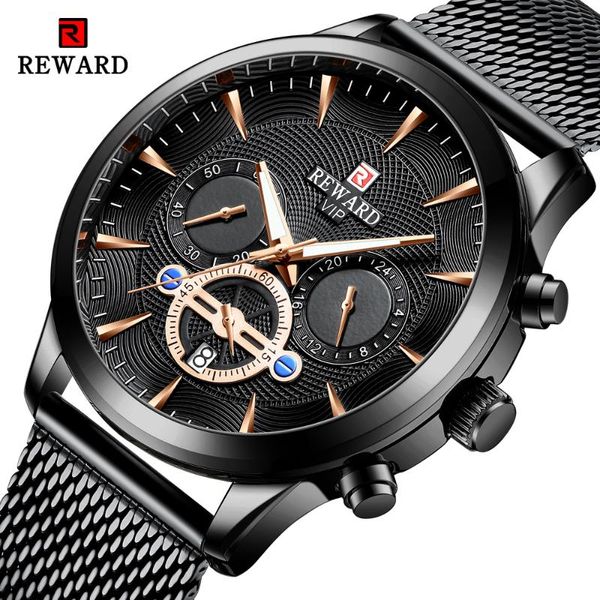 

reward мужская мода бизнес часы top full steel black gold кварцевые часы мужчины календарная дата водонепроницаемые наручные часы, Slivery;brown