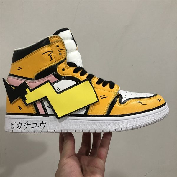 

new jumpman 1 pi ka chu joint high men's and women's graffiti sneakers casual shoes size36-45, Black