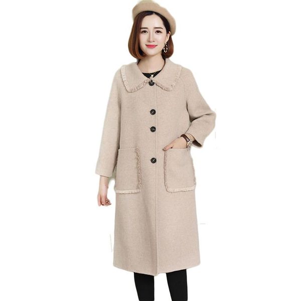 

autumn winter fashion women's double-sided wool cashmere coat wool blend trench overcoat turn-down collar loose long jacket x50, Black