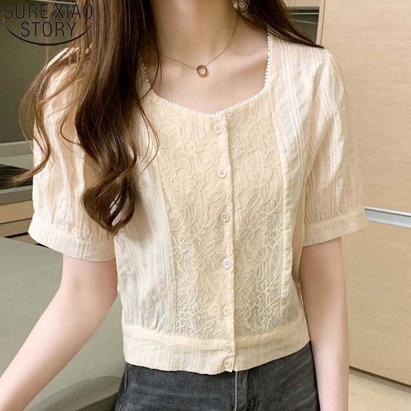 

cotton cardigan shirts women white 2020 summer blusas mujer new solid office lady square collar lace women blouse 9777