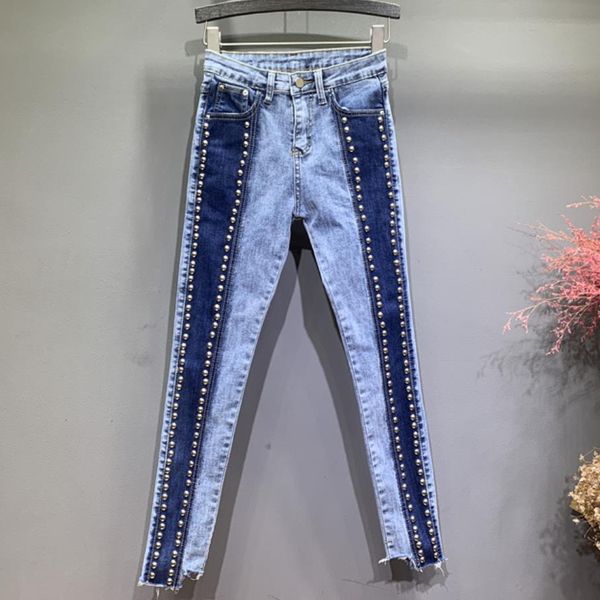 

2019 spring panelled stitching jeans women beaded rivets ankle length skinny pencil jeans, Blue