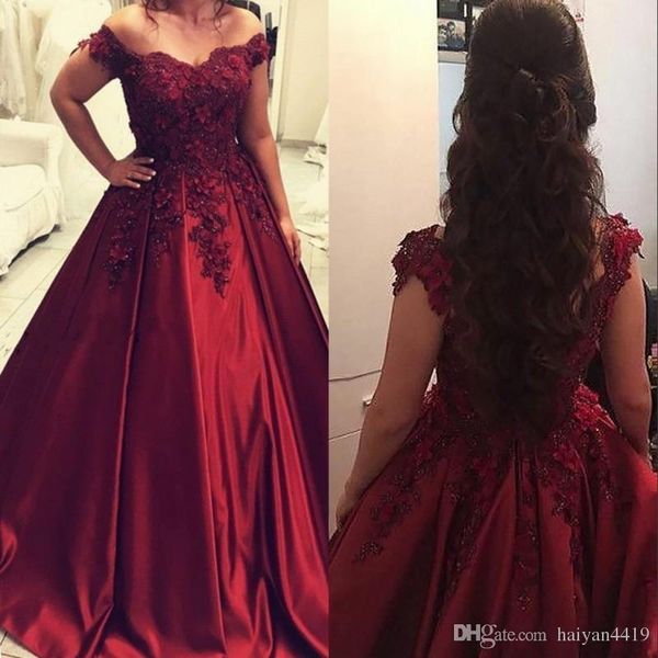 

burgundy prom dresses lace appliques flowers off shoulder satin dark red lace up long ball gown quinceanera evening party gowns wear, Black