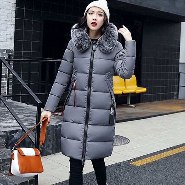 

winter thicken down coat women long warm slim down jacket vogue letter long sleeve zipper jackets outwear ladies cotton clothing, Black