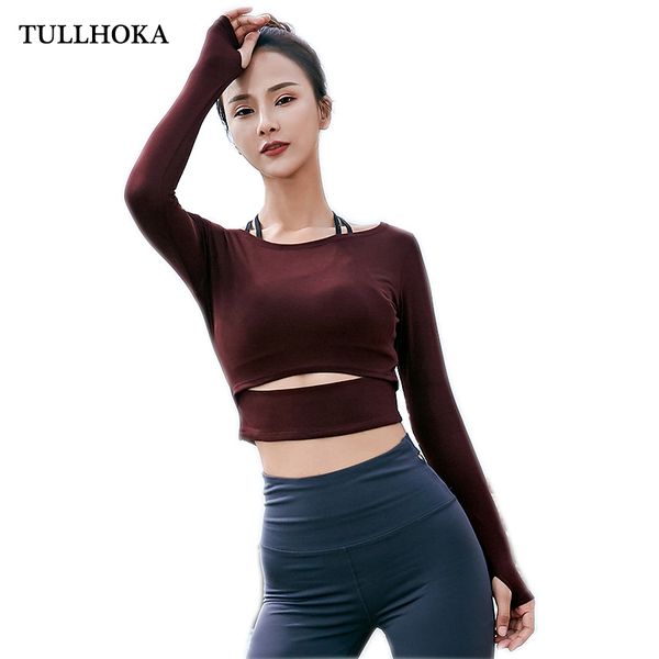 

tullhoka long sleeve crop yoga shirts running fitness workout short dancing shirts, Black;blue