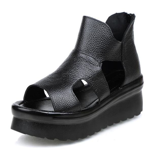 

2020 new fish mouth summer women's sandals black shoes sweet genuine leather sandals increase platform shoes wedges