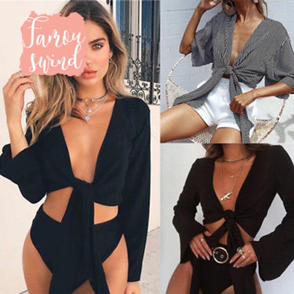 

новые tops au hot sexy женская мода лето tie knot crop top дамы flared рукава plungė шеи, White