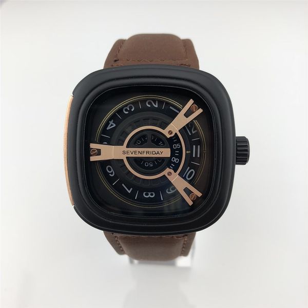 

47mm brand seven friday leather luxury men's watch fashion casual quartz dress watch hollow clock, Slivery;brown