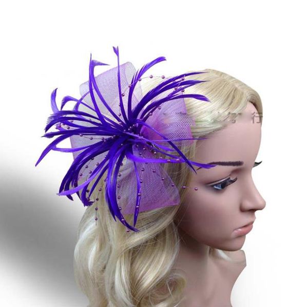 

feather hair decorative yarn mesh flower with feather sticking brooch small hair pin headdress decorative flower, Silver