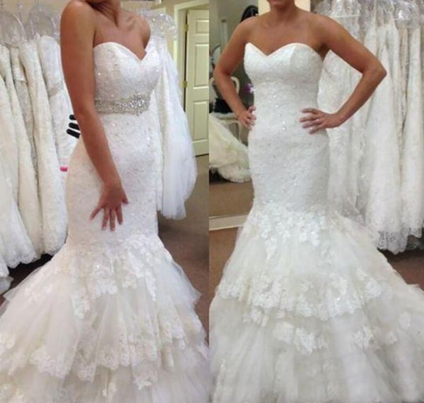 

lace mermaid wedding dresses strapless sweetheart neckline lace-up wed gown wed dress custom made bridal gown with rhinestones beaded belt, White