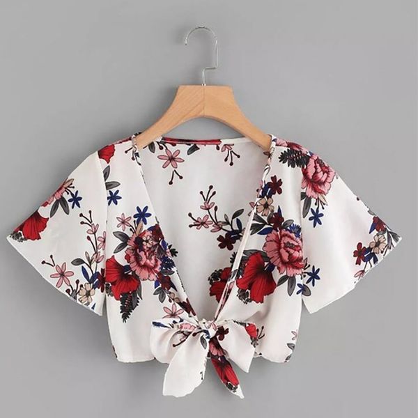 

womens and blouses 2019 summer casual tie bandage hollow cross cropped blouse clothes vintage ladies lace hippe, White