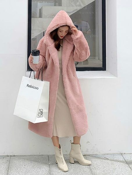 

winter new high-end fashion fur coat plush fur warm leisure jacket female imitation mink thick long hooded large size coat, Black