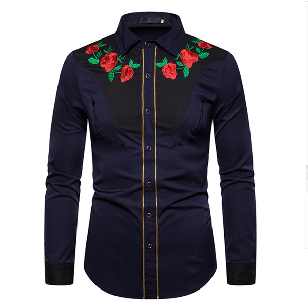 

2019 men's western cowboy embroidered shirt casual henry collar button down men's wedding shirts slim fit long sleeve shirt, White;black