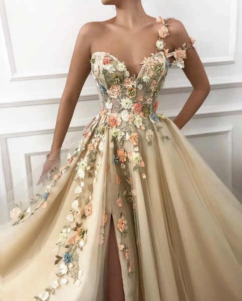 

elegant prom dress long v-neck appliques with flowers handmade side split tulle evening gowns party graduation vestido de festa, Black;gray